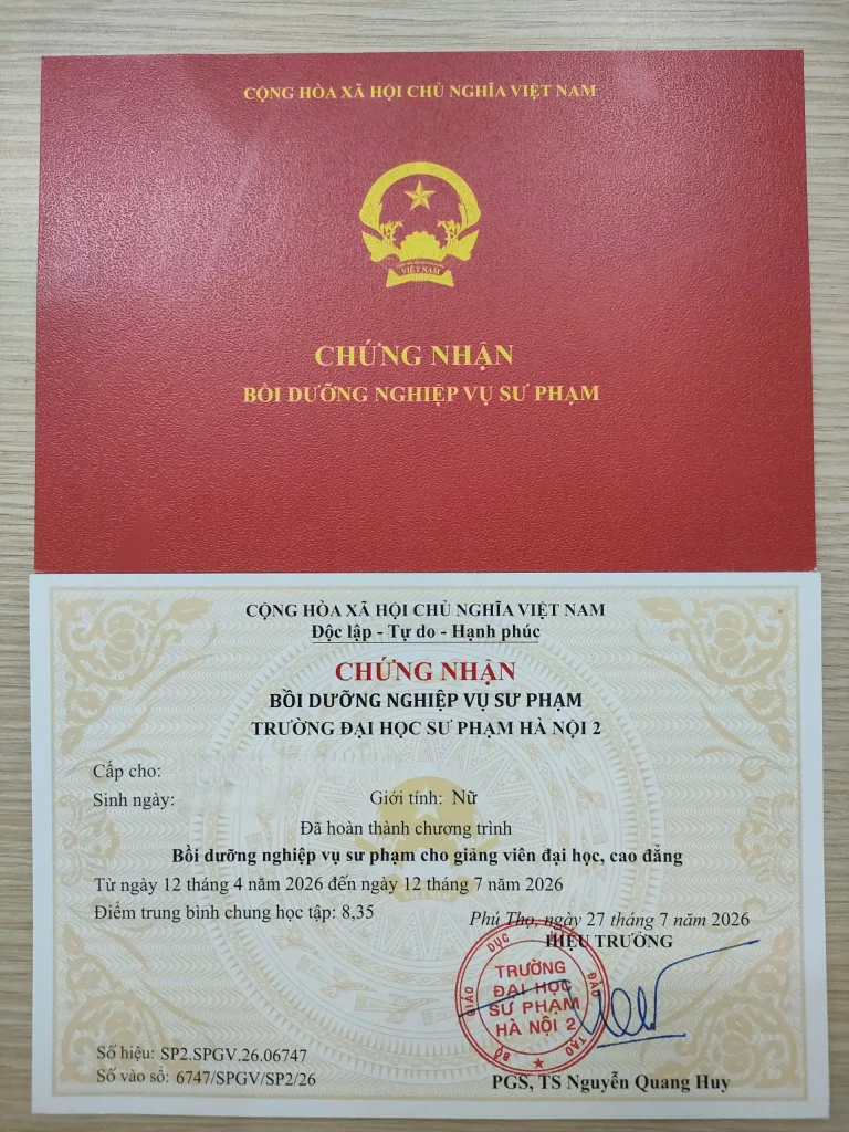Chứng chỉ nghiệp vụ sư phạm chuẩn theo quy định của Bộ giáo dục và đào tạo