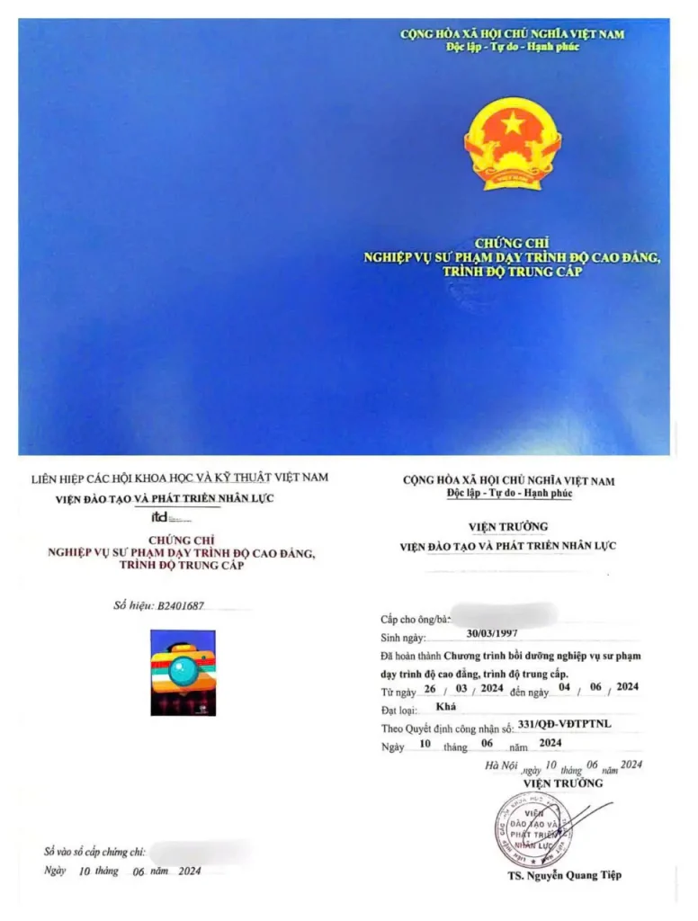 Chứng chỉ nghiệp vụ sư phạm chuẩn theo quy định của Bộ giáo dục và đào tạo