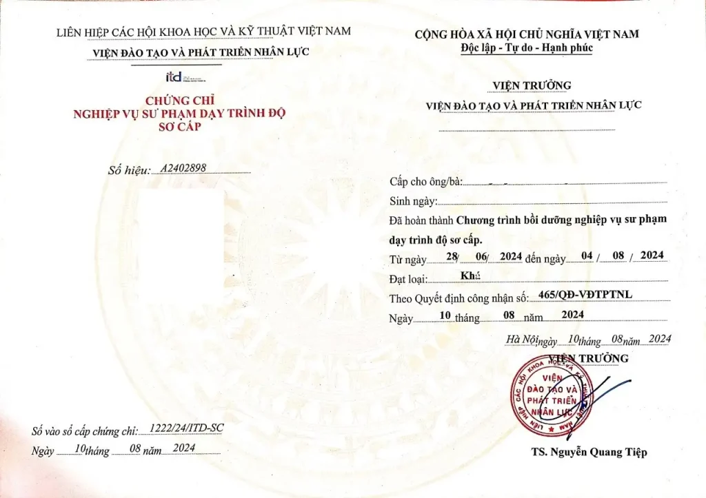 Chứng chỉ nghiệp vụ sư phạm chuẩn theo quy định của Bộ giáo dục và đào tạo