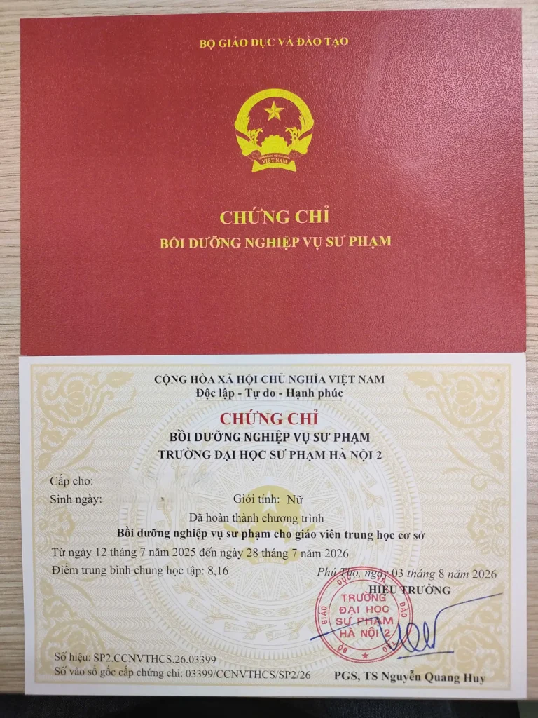 Chứng chỉ nghiệp vụ sư phạm chuẩn theo quy định của Bộ giáo dục và đào tạo