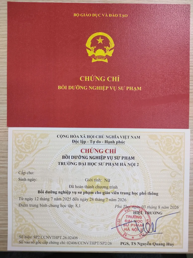 Chứng chỉ nghiệp vụ sư phạm chuẩn theo quy định của Bộ giáo dục và đào tạo