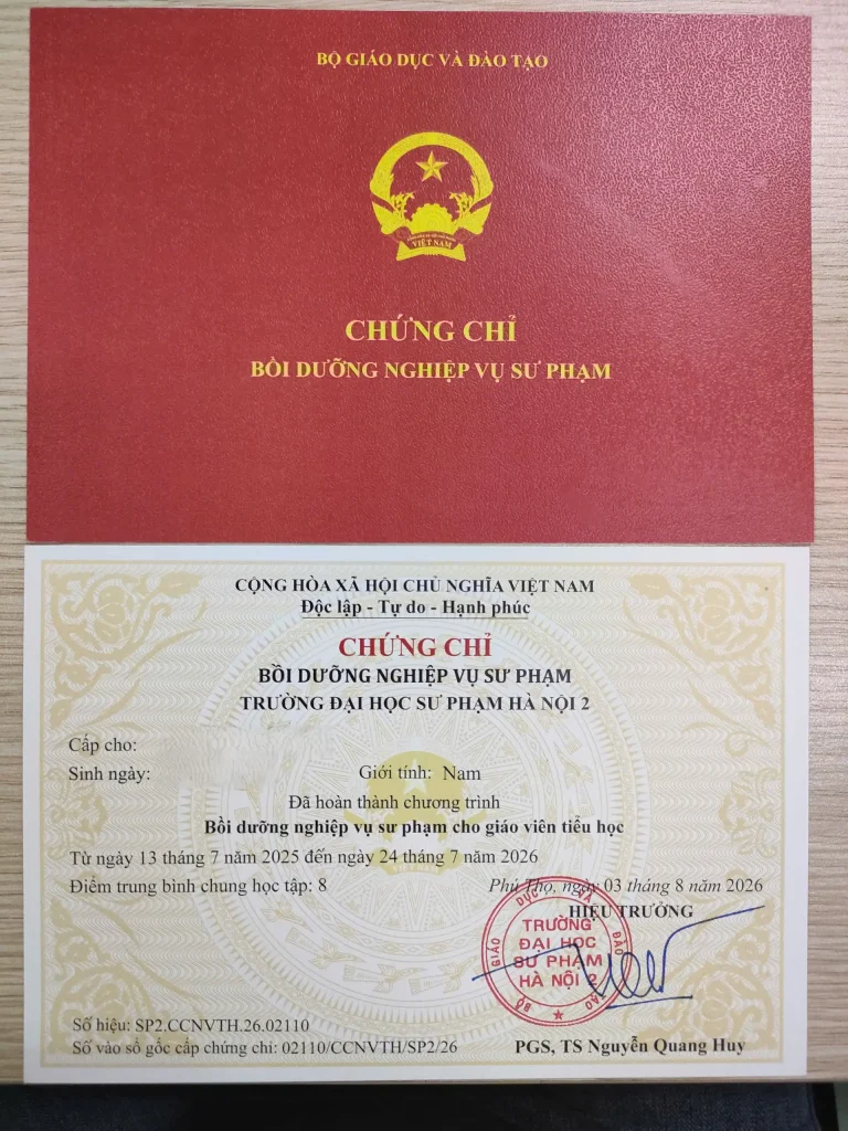 Chứng chỉ nghiệp vụ sư phạm chuẩn theo quy định của Bộ giáo dục và đào tạo